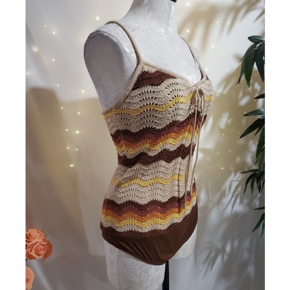 Vtg New Look Y2K Crochet Knit Zig Zag Lace Up Tank Bodysuit Size L Boho Festival - Picture 4 of 12